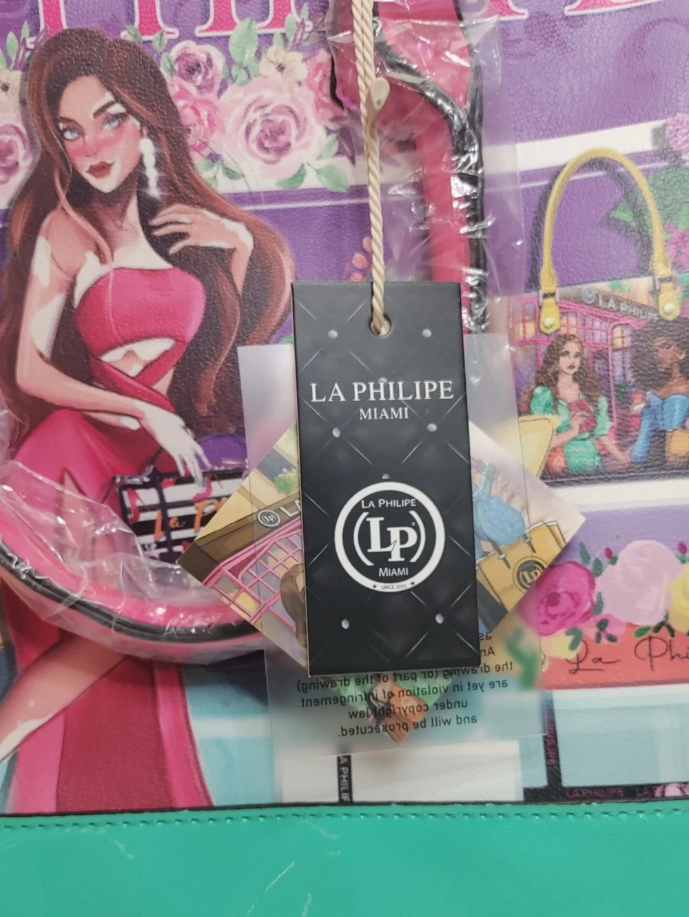 LA Philipe Pink & Teal Graphic Dome Handbag With Strap NWT With Dust Bag.
